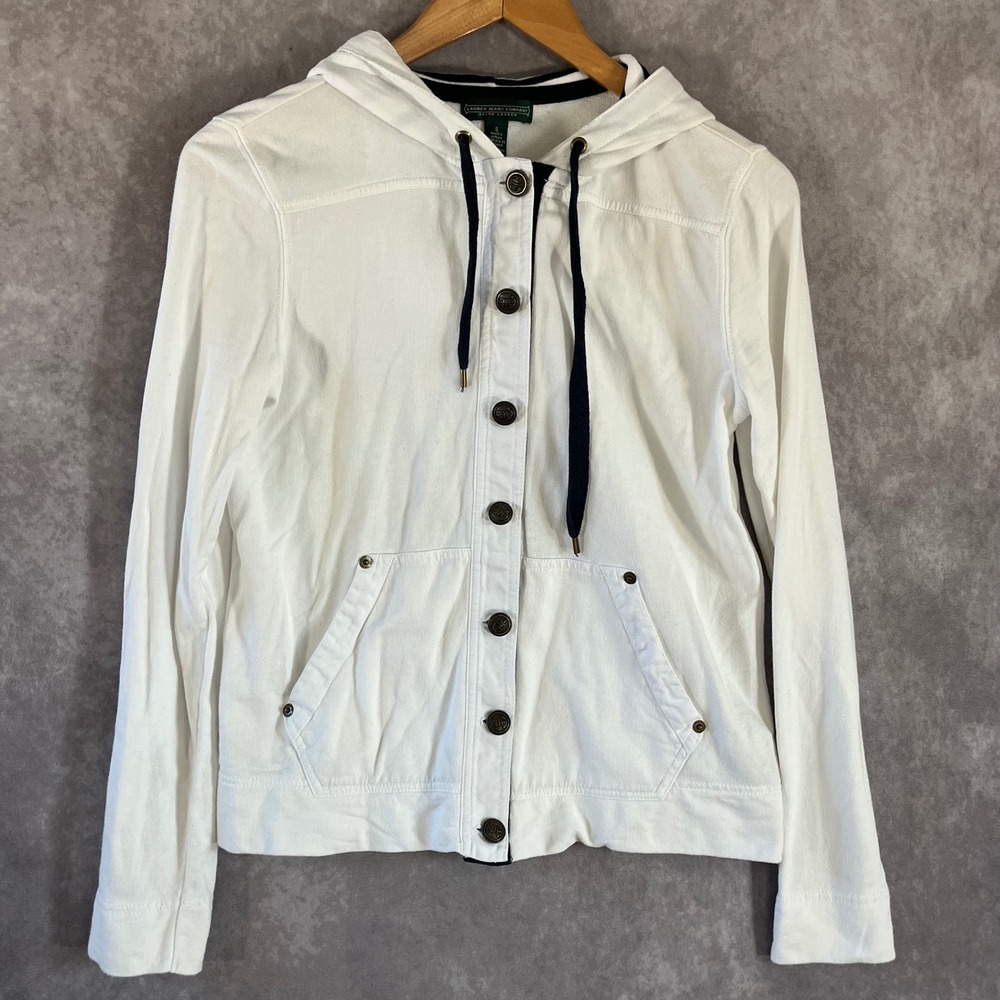 Lauren Ralph Lauren Button Hoodie Women Small White Nautical Crest Brass Buttons